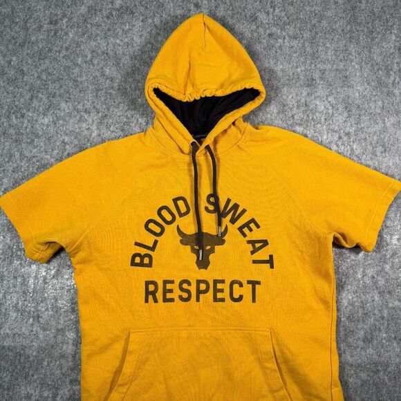 Under Armour Project Rock Hoodie Mens M Yellow Short Sleeve Blood Sweat Respect - Picture 1 of 10